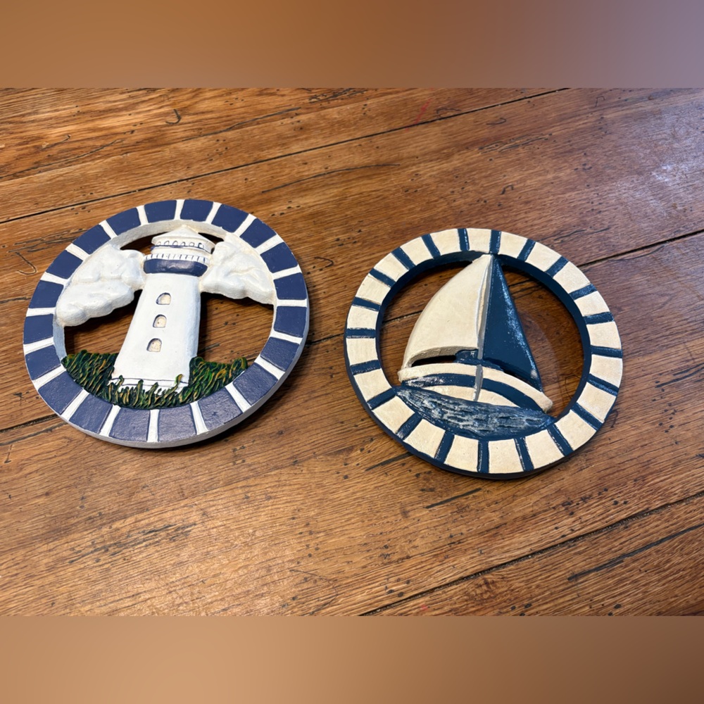 2- Vintage Nautical  Beachy Cast Iron Footed Sailboat & Lighthouse Trivet